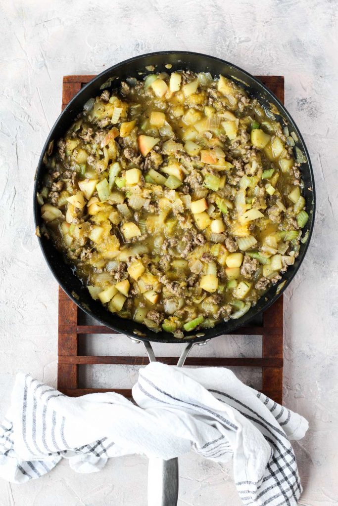 Filling with cooked acorn squash and chicken broth mixed in.