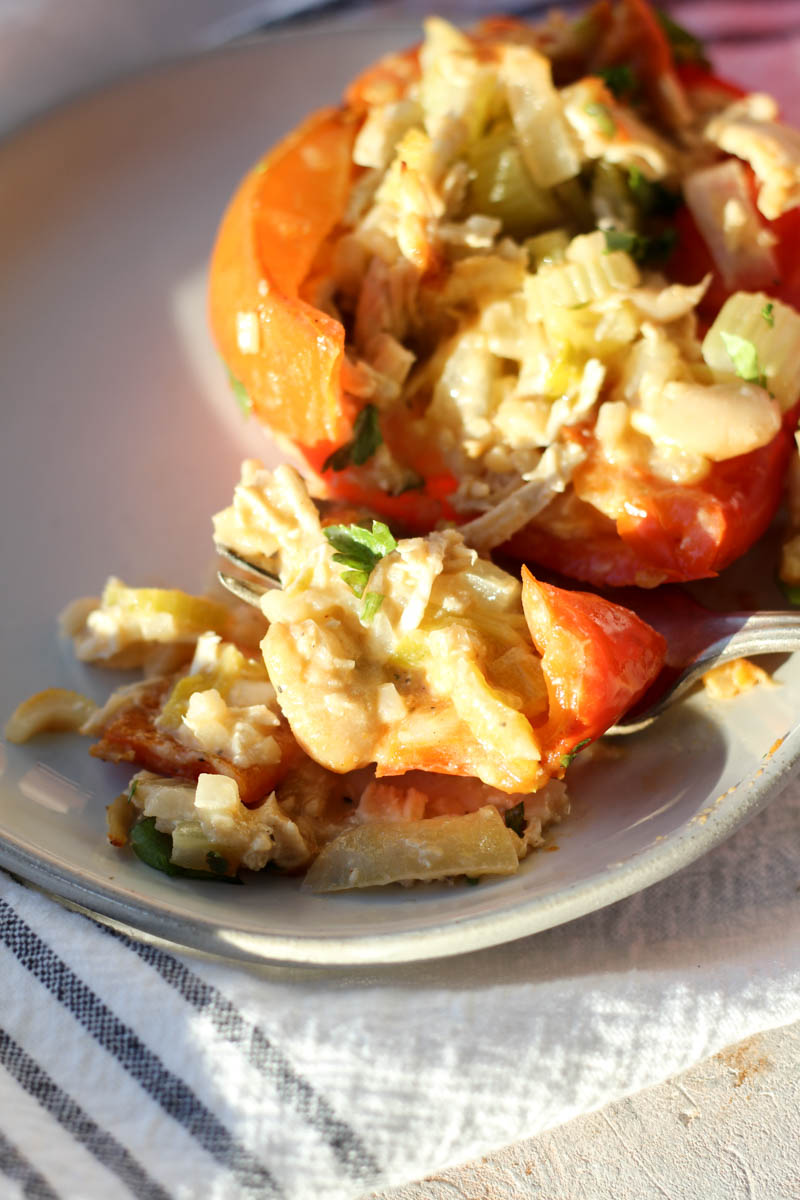 Fork with a bite of stuffed pepper.