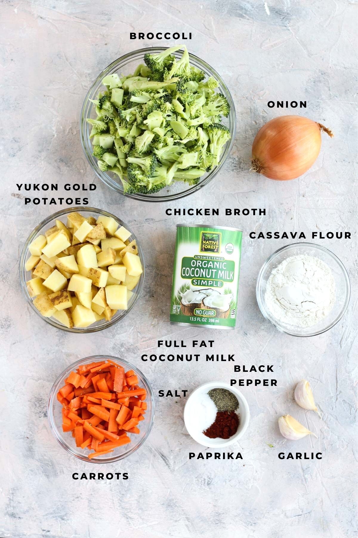 Overhead shot of broccoli soup ingredients.