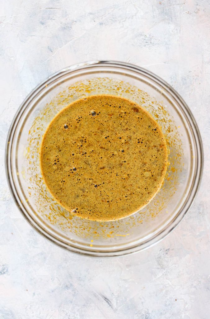 Wet ingredients in a mixing bowl.