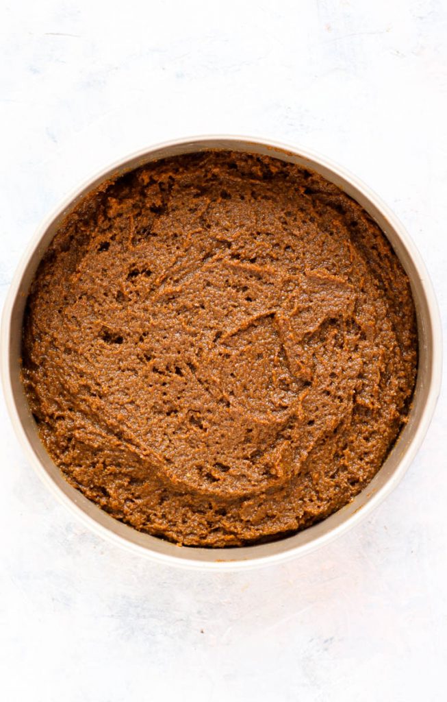 Cake batter in round pan.