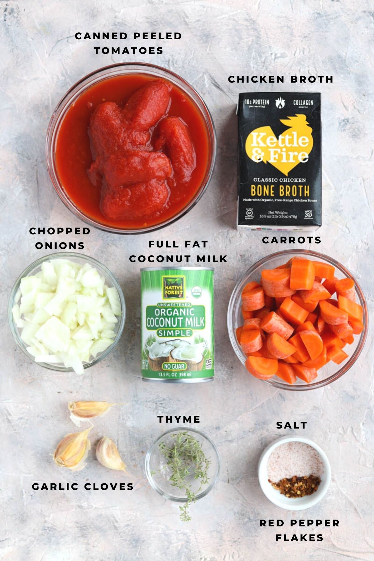 Overhead shot of tomato carrot soup ingredients.