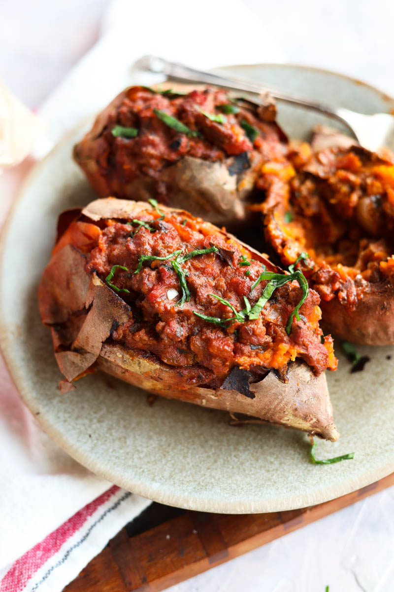 Plate with stuffed sweet potato.