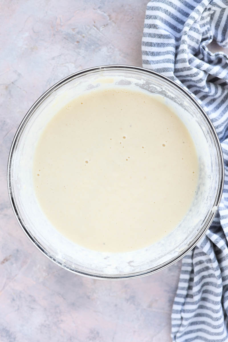 Pancake batter in mixing bowl.