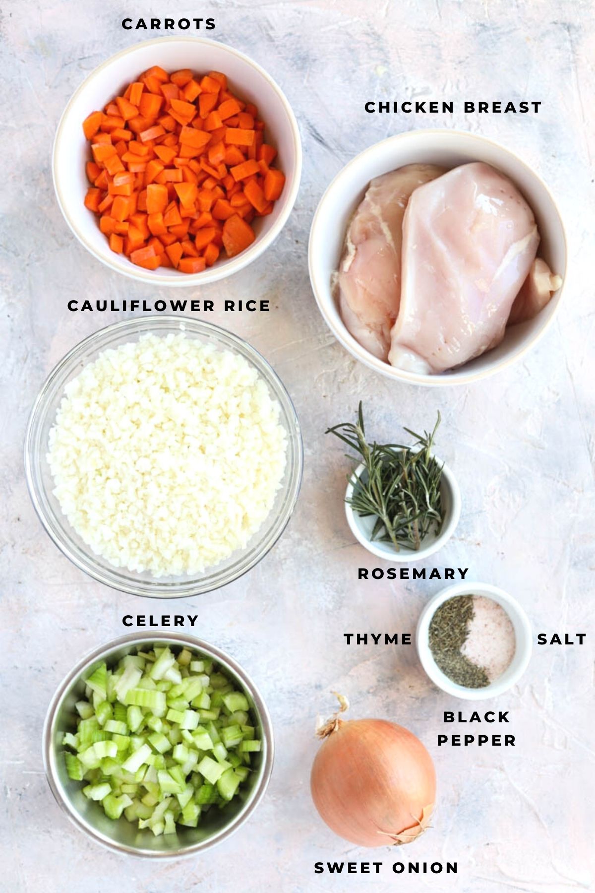 Overhead shot of chicken soup ingredients.