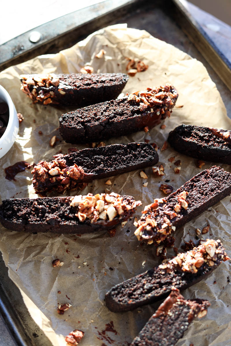 Biscotti dipped in chocolate and crushed almonds.