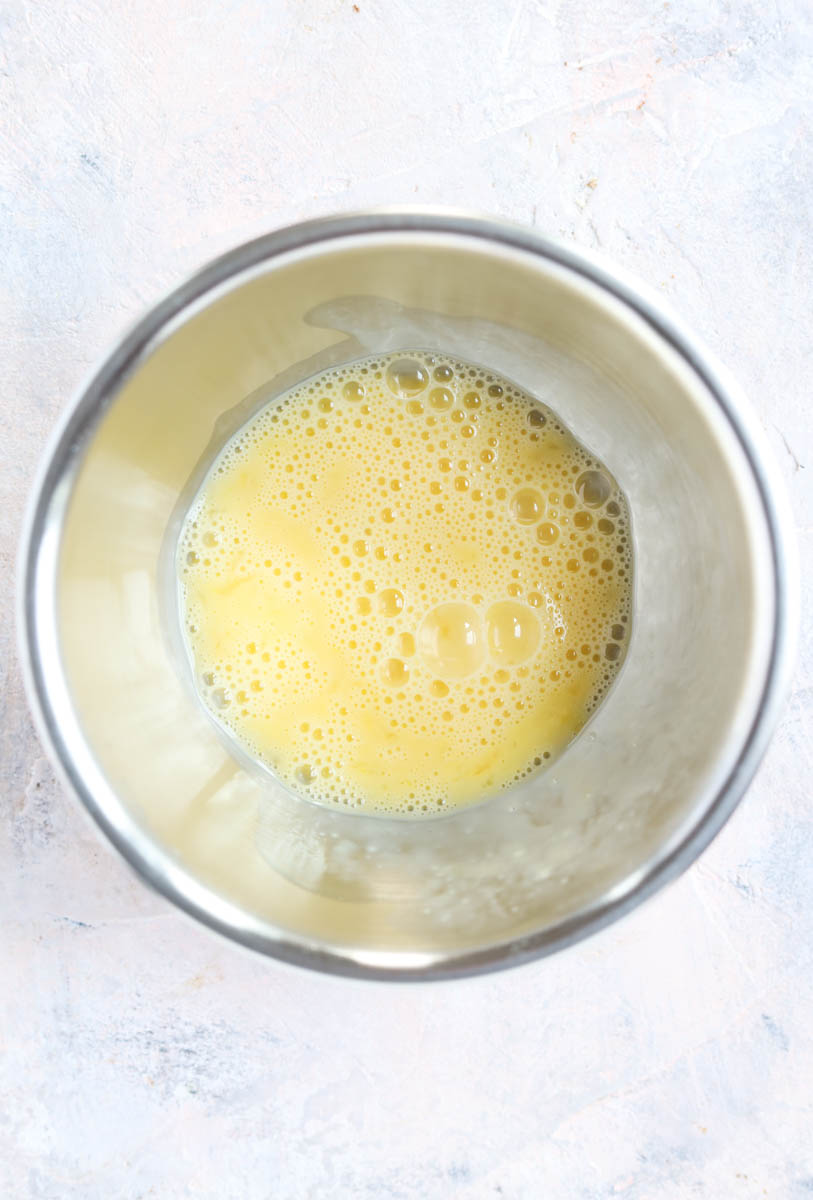 Whipped egg in bowl.