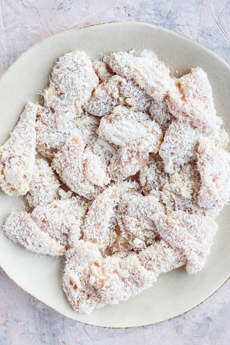 Breaded chicken on a plate.