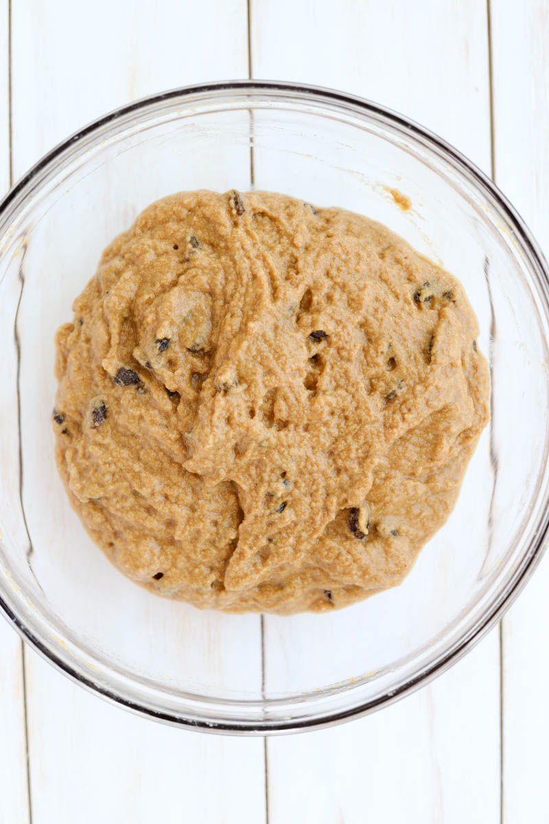Cinnamon raisin bread batter in a bowl.