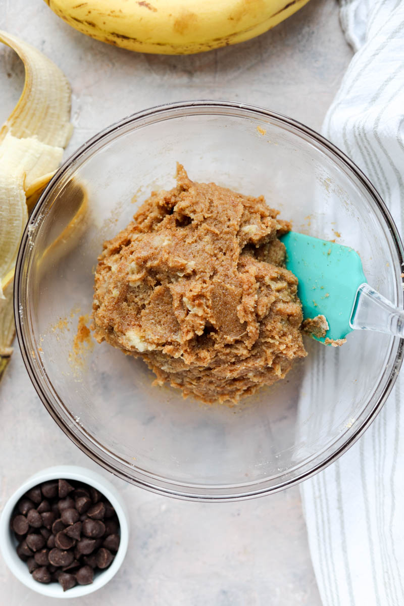Banana bread dough in bowl.