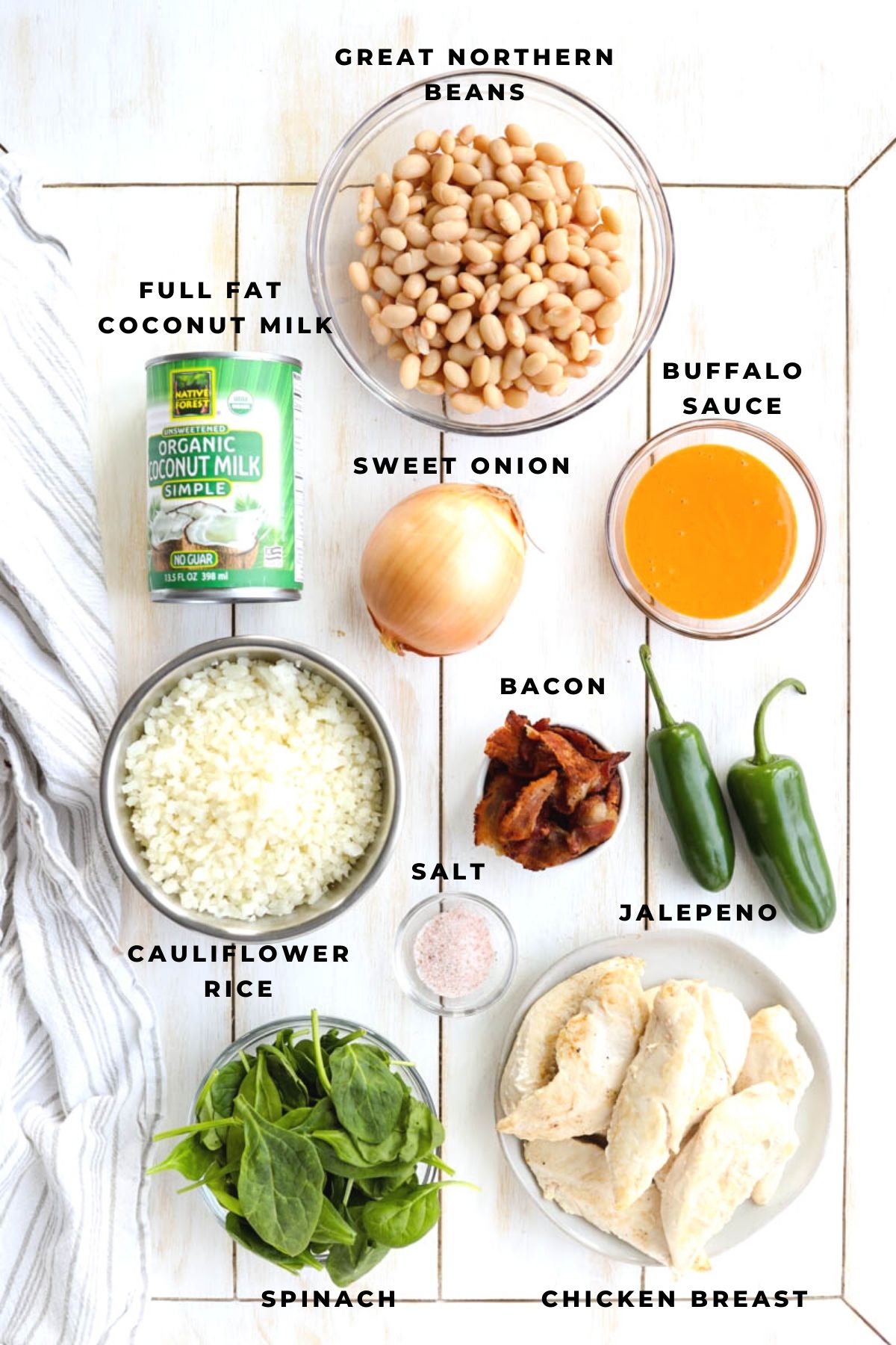 Overhead shot of buffalo chicken casserole ingredients.