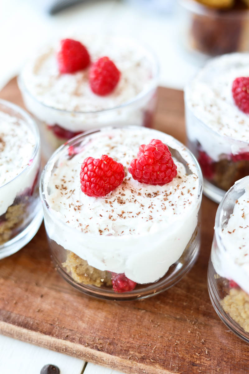 Close up picture of individual raspberry trifles.