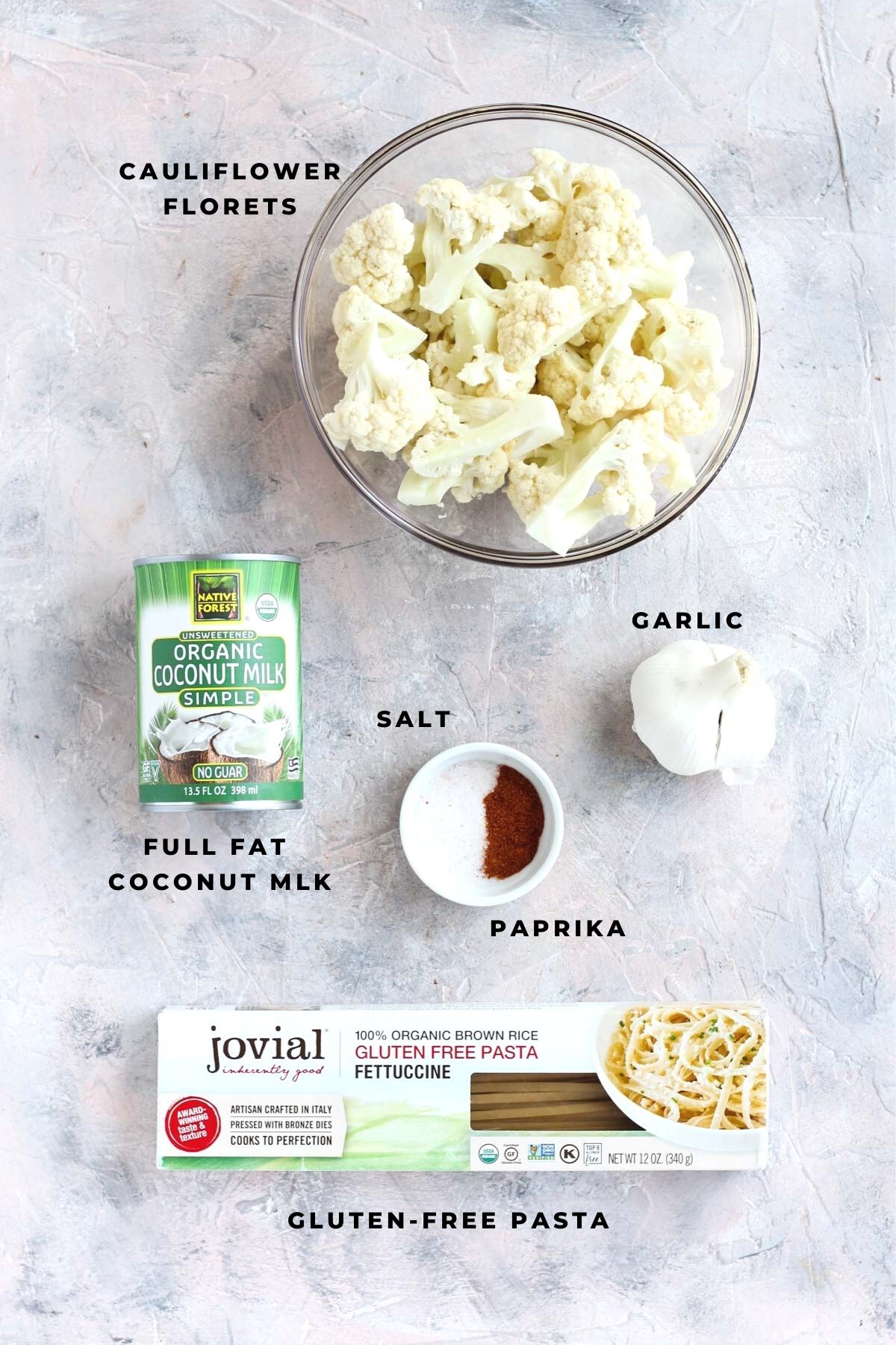 Vegan Alfredo ingredients laid out.