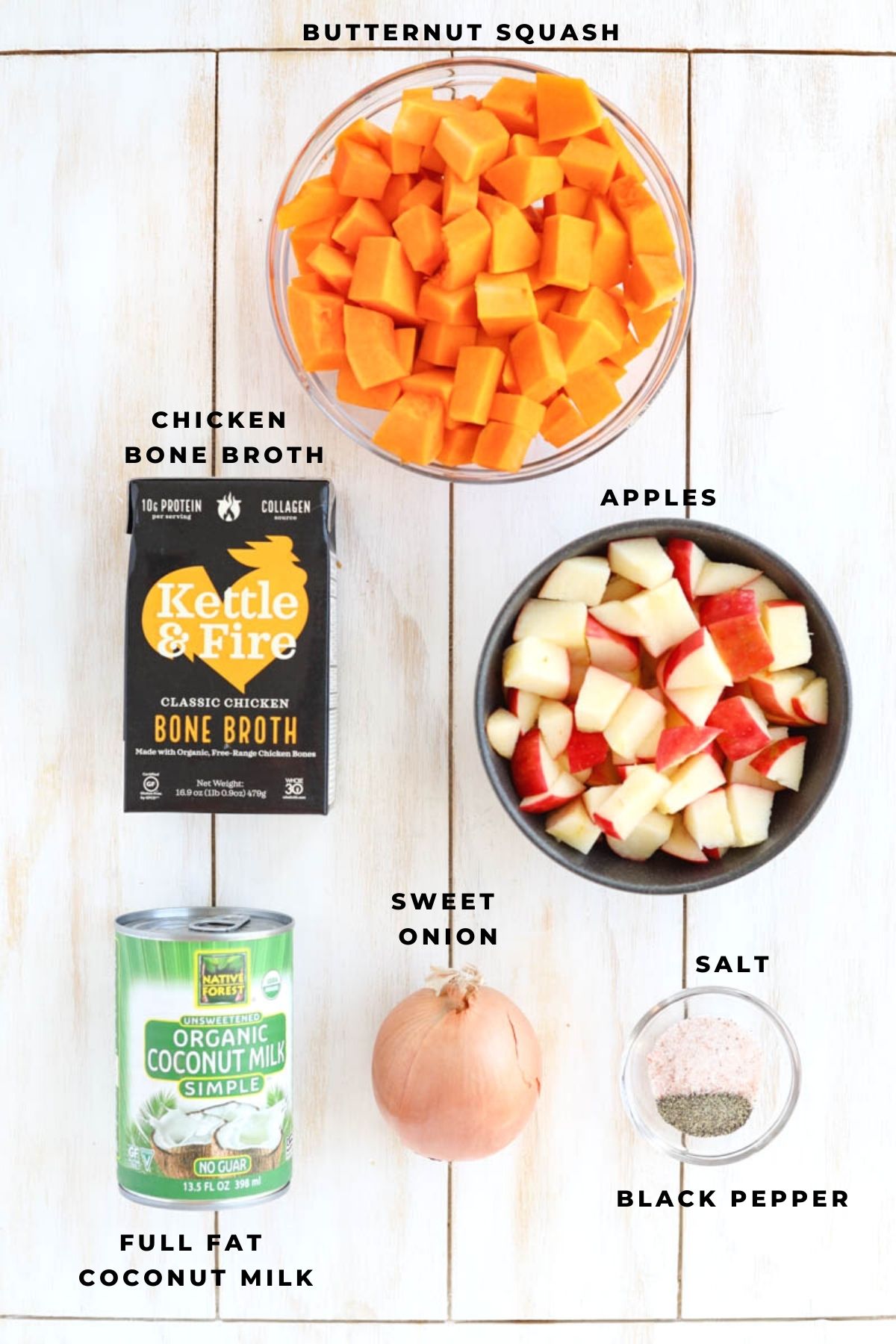 Overhead shot of butternut squash soup ingredients.
