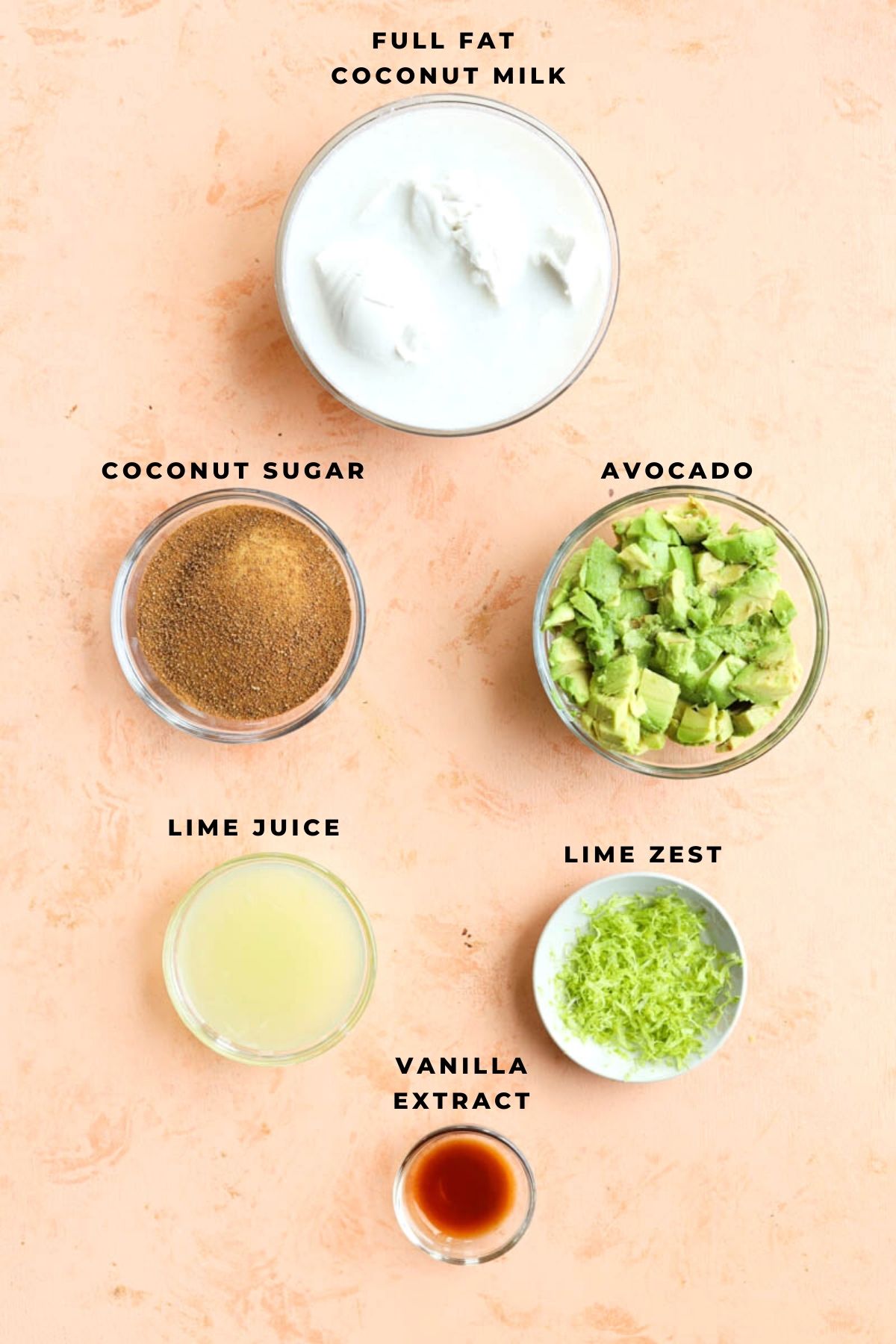 Overhead shot of avocado lime pudding ingredients.