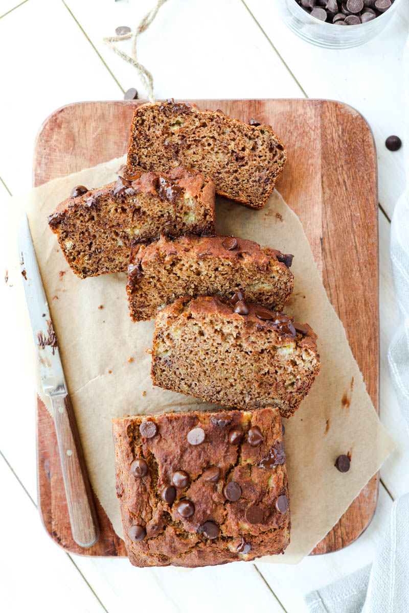 Overhead shot of sliced banana bread with chocolate chips on top.
