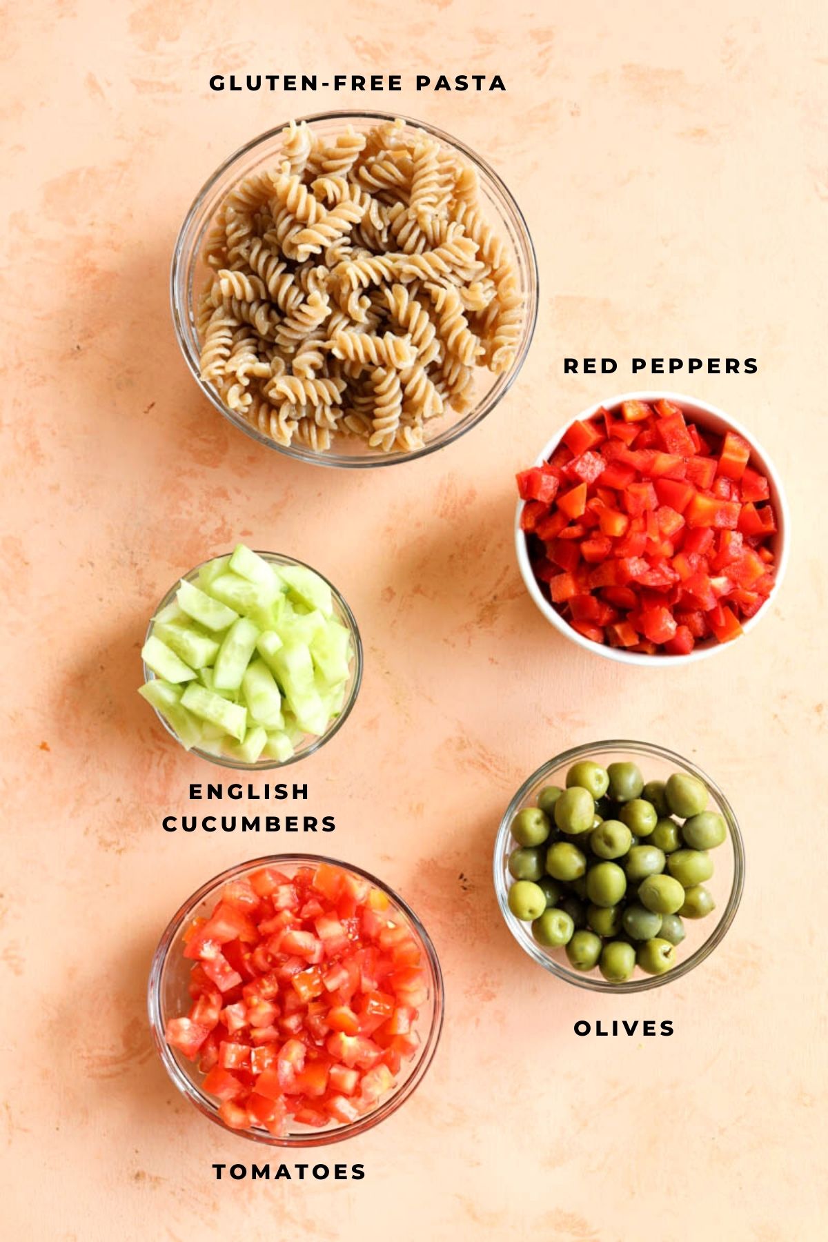 Overhead shot of vegetable and pasta ingredients.