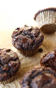 Chocolate banana muffins on parchment paper.