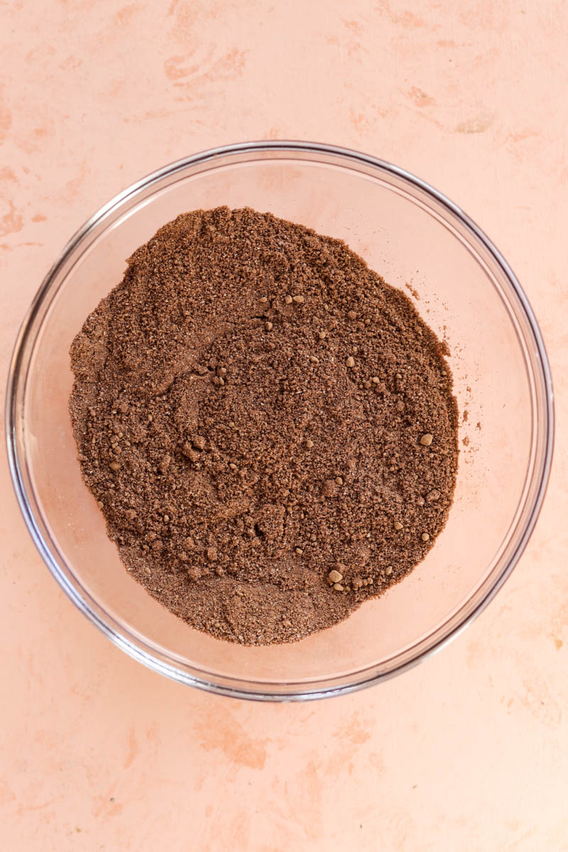 Dry ingredients in glass mixing bowl.