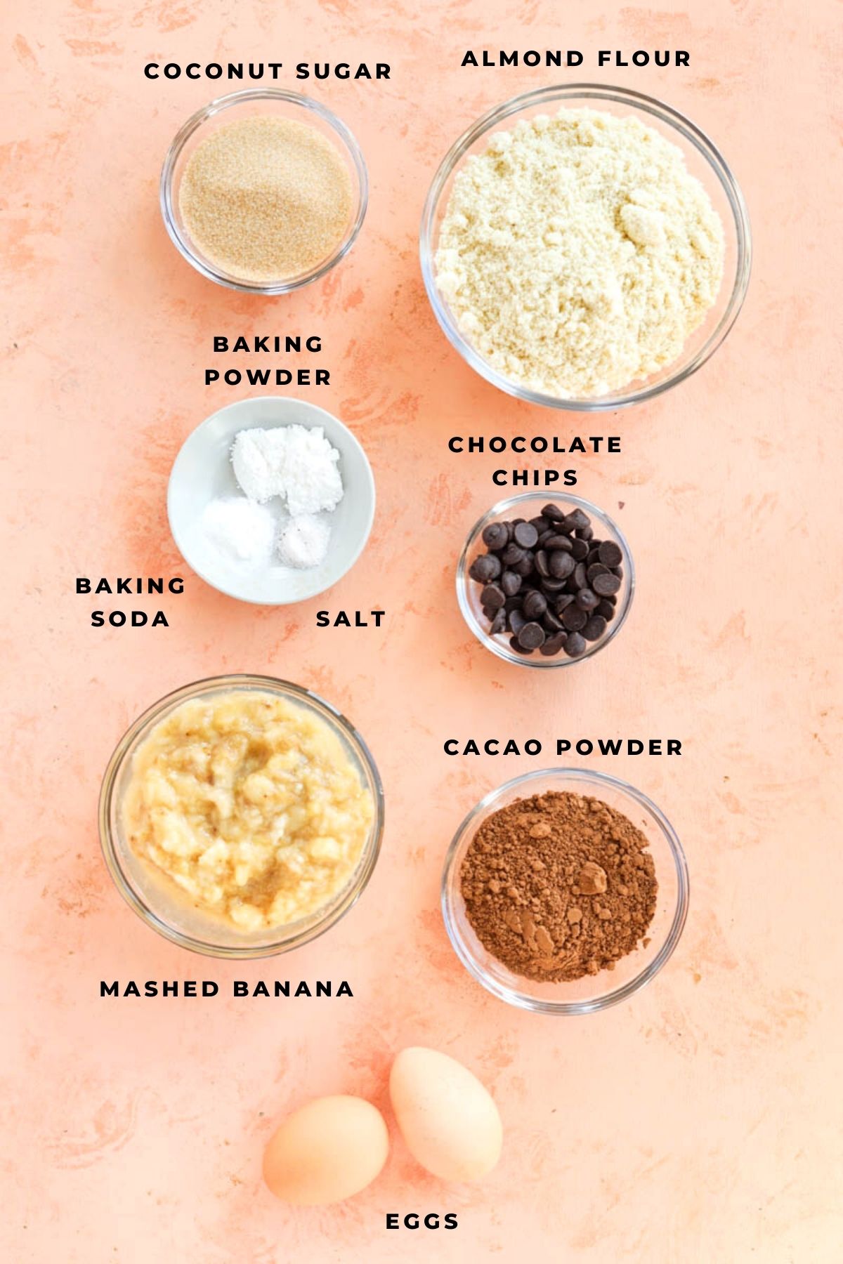 Overhead shot of gluten free chocolate banana muffin ingredients.