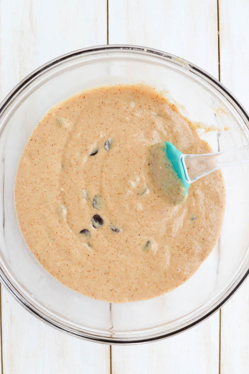 Cookie dough yogurt in glass bowl.