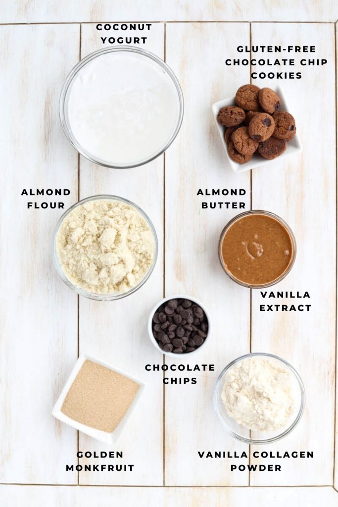 Overhead shot of chocolate chip cookie dough yogurt cup ingredients.