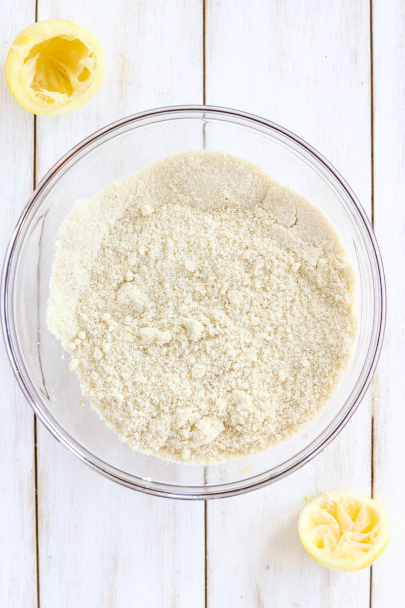Glass bowl with dry ingredients mixed together.