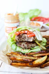 Juicy burgers wrapped in romaine lettuce.