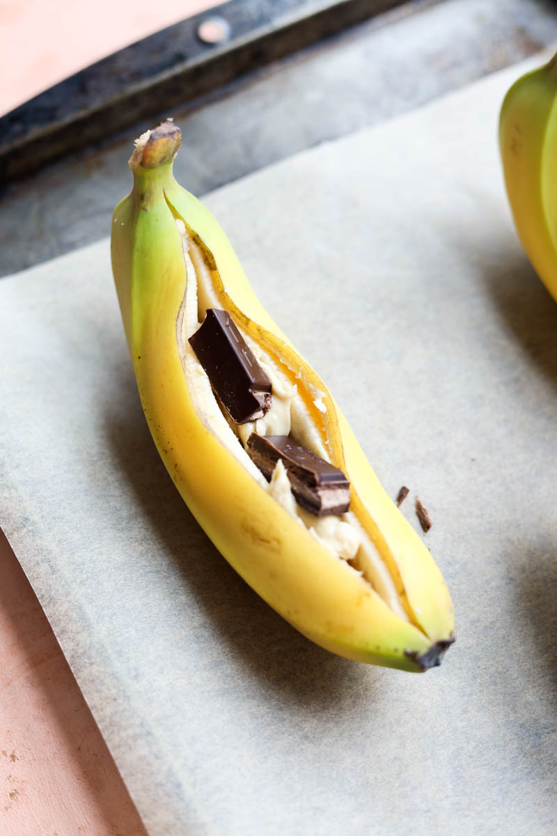Close up picture of stuffed ripe banana.