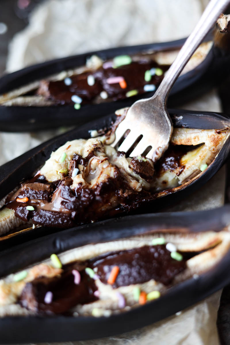 Fork scooping out gooey banana.