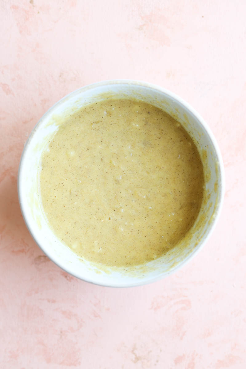 Pancake batter in white bowl.