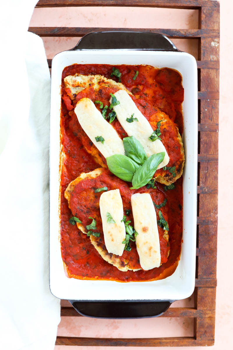 Finished chicken parm in baking pan.