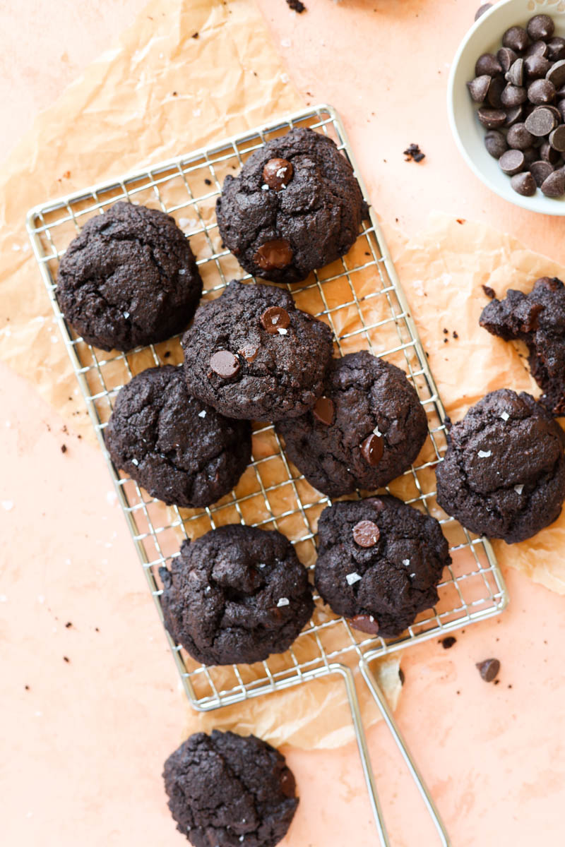 Overhead picture of chocolate cookies layered on top of each other.