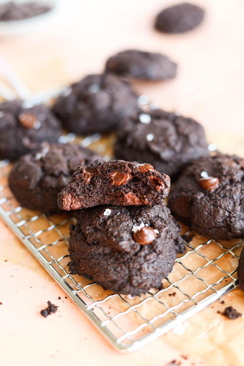 Chocolate cookie with a bite taken out.