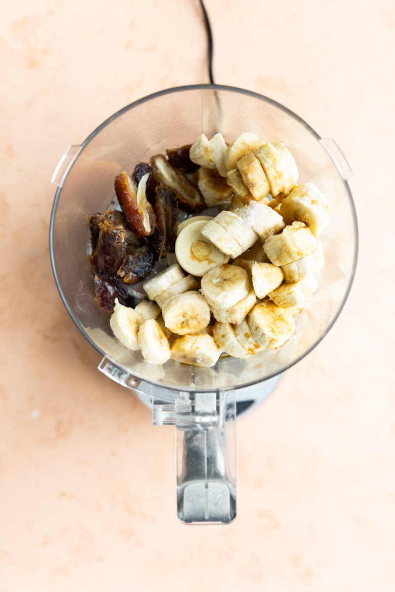 Nice cream ingredients in a food processor.