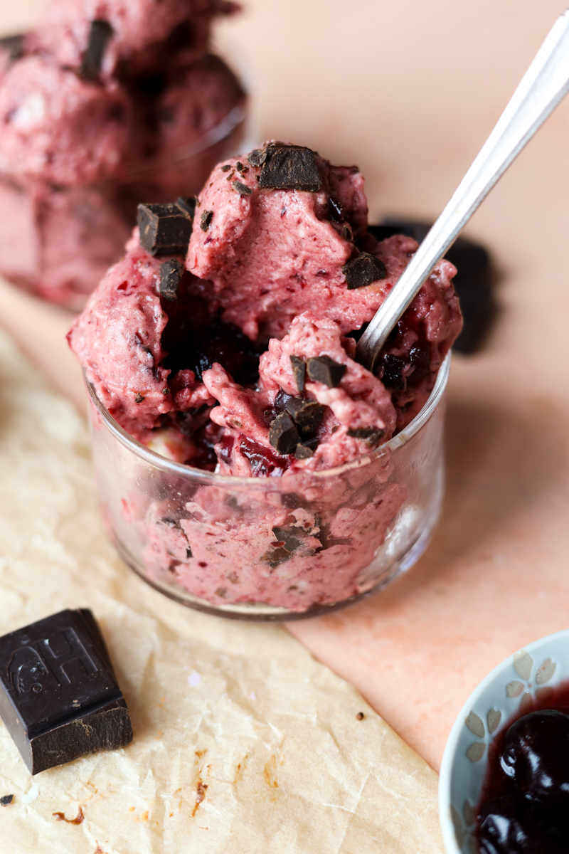 Spoon sticking into Cherry Garcia Nice Cream.
