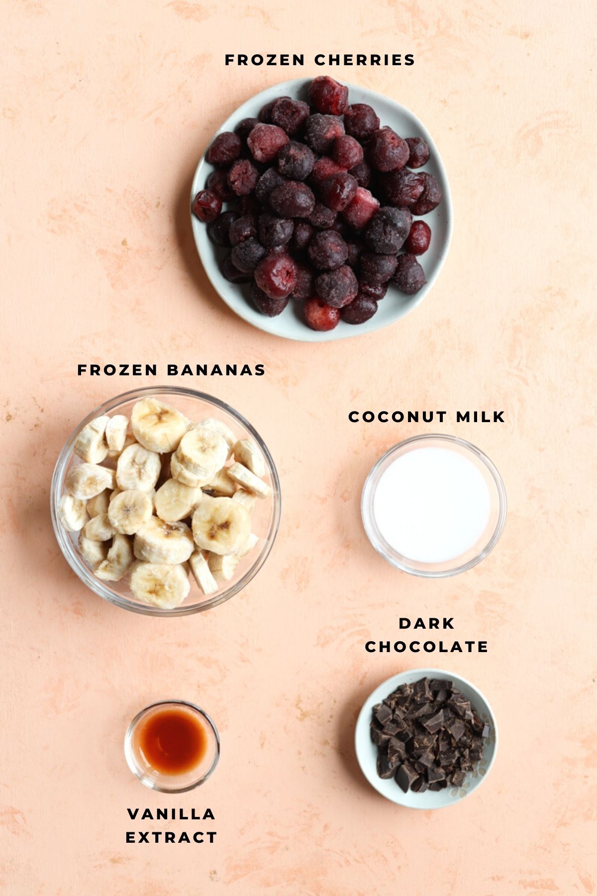 Nice cream ingredients measured out into small bowls.