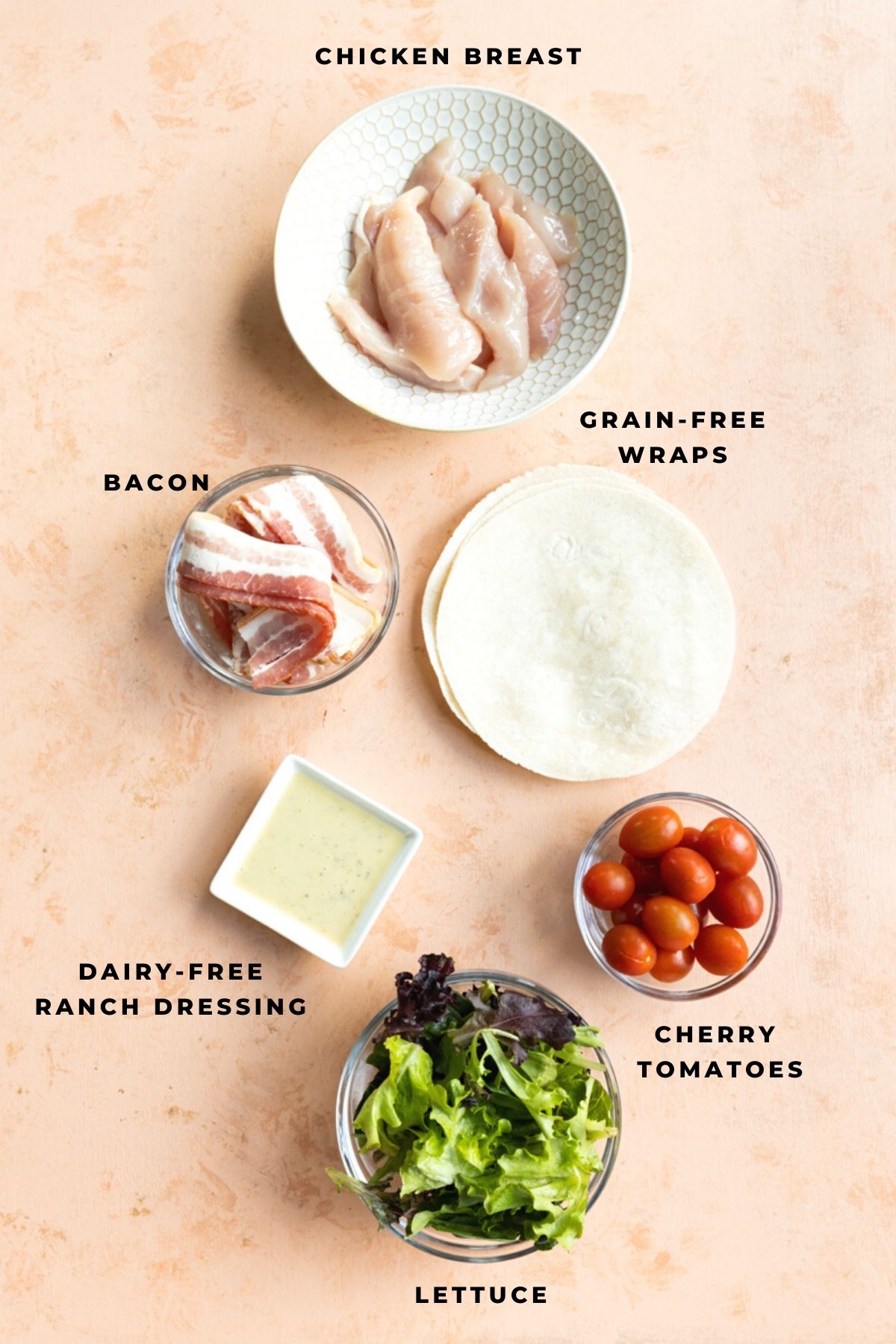Ingredients for wraps measured out in small bowls.