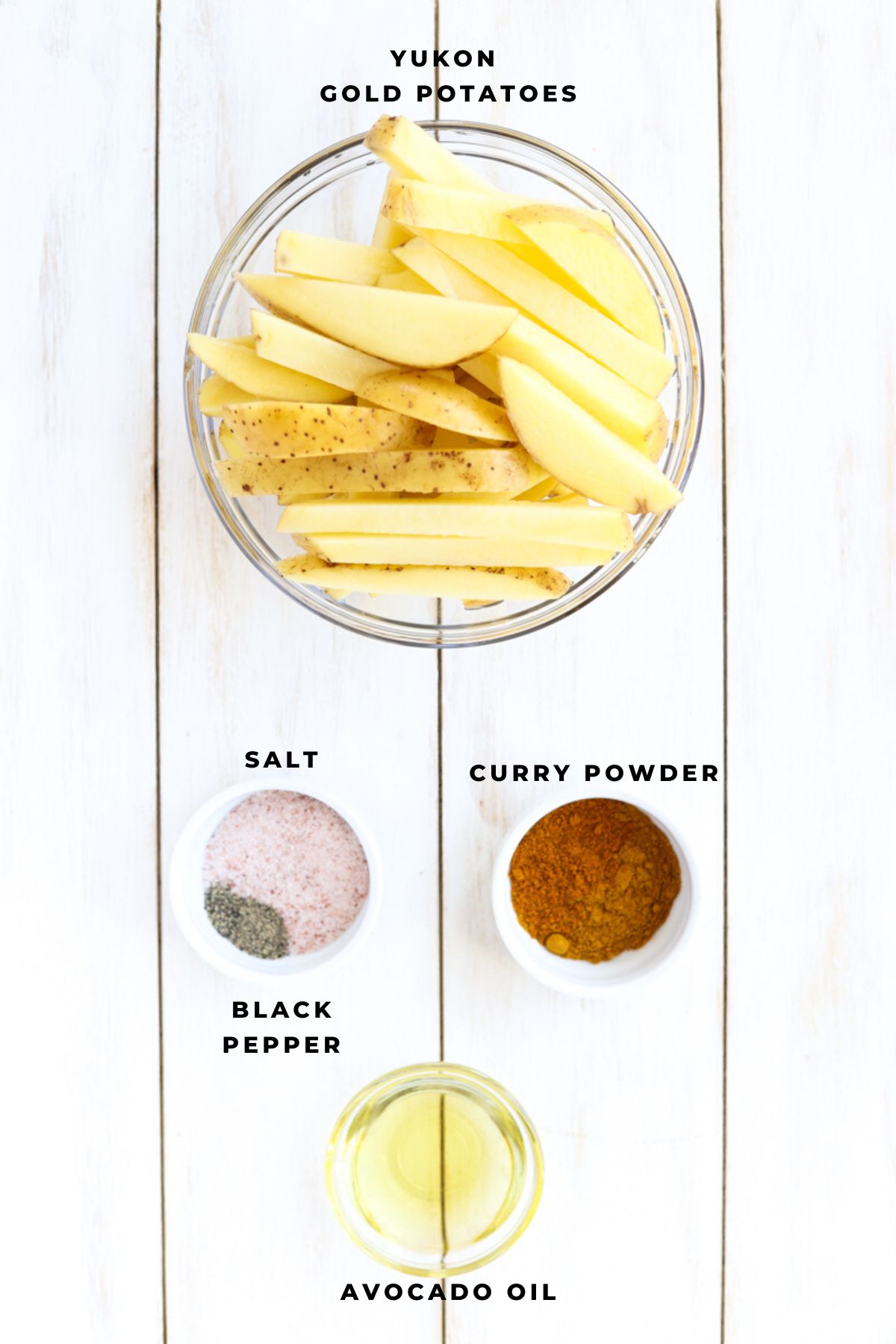 Overhead picture of curry fry ingredients.