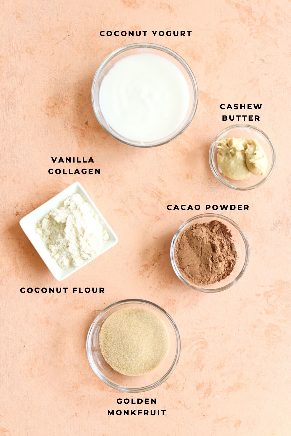 Brownie batter ingredients in small bowls.