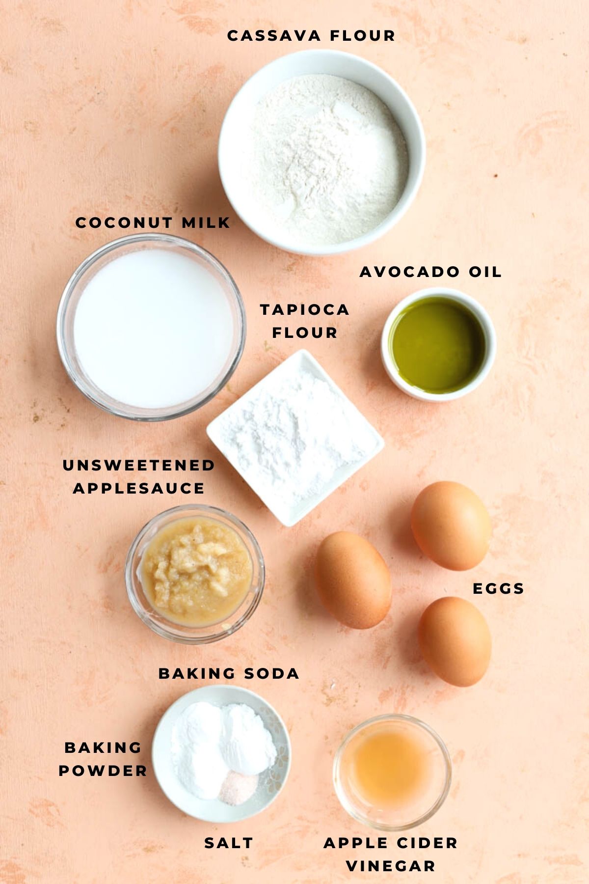 Cassava flour ingredients measured out in small bowls.