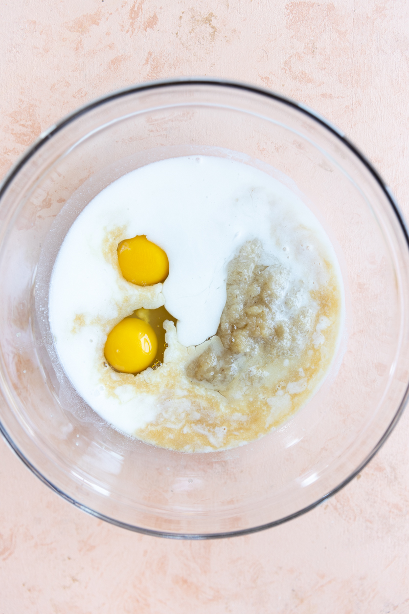 Wet ingredients in a mixing bowl.