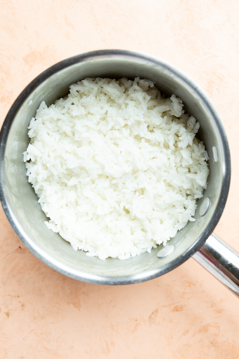 White rice in a small pot.
