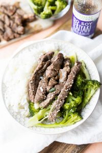 Teriyaki Beef Bowl with broccoli and white rice.
