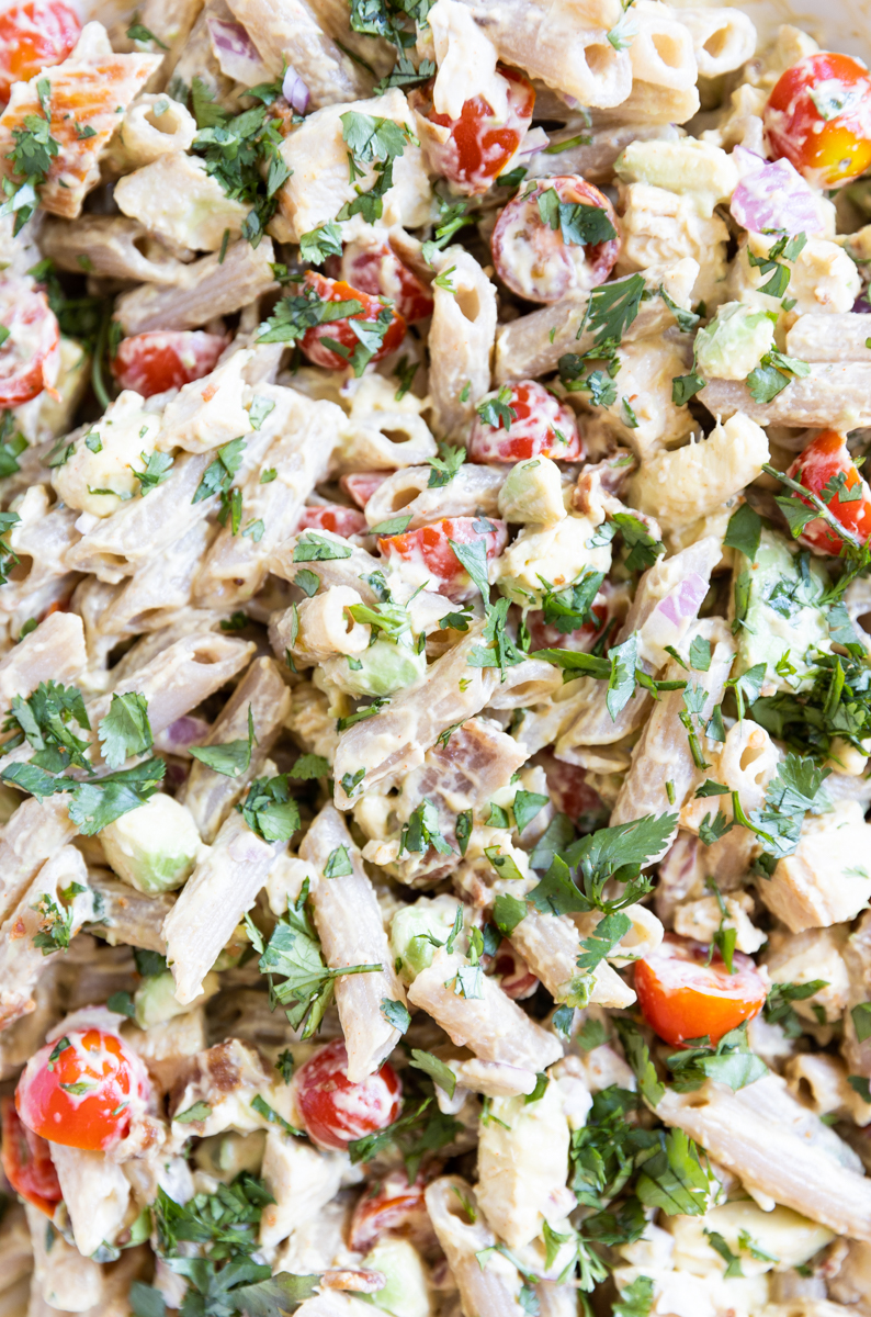 Overhead picture of chicken bacon pasta salad.