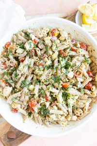Overhead picture of chicken bacon pasta salad.