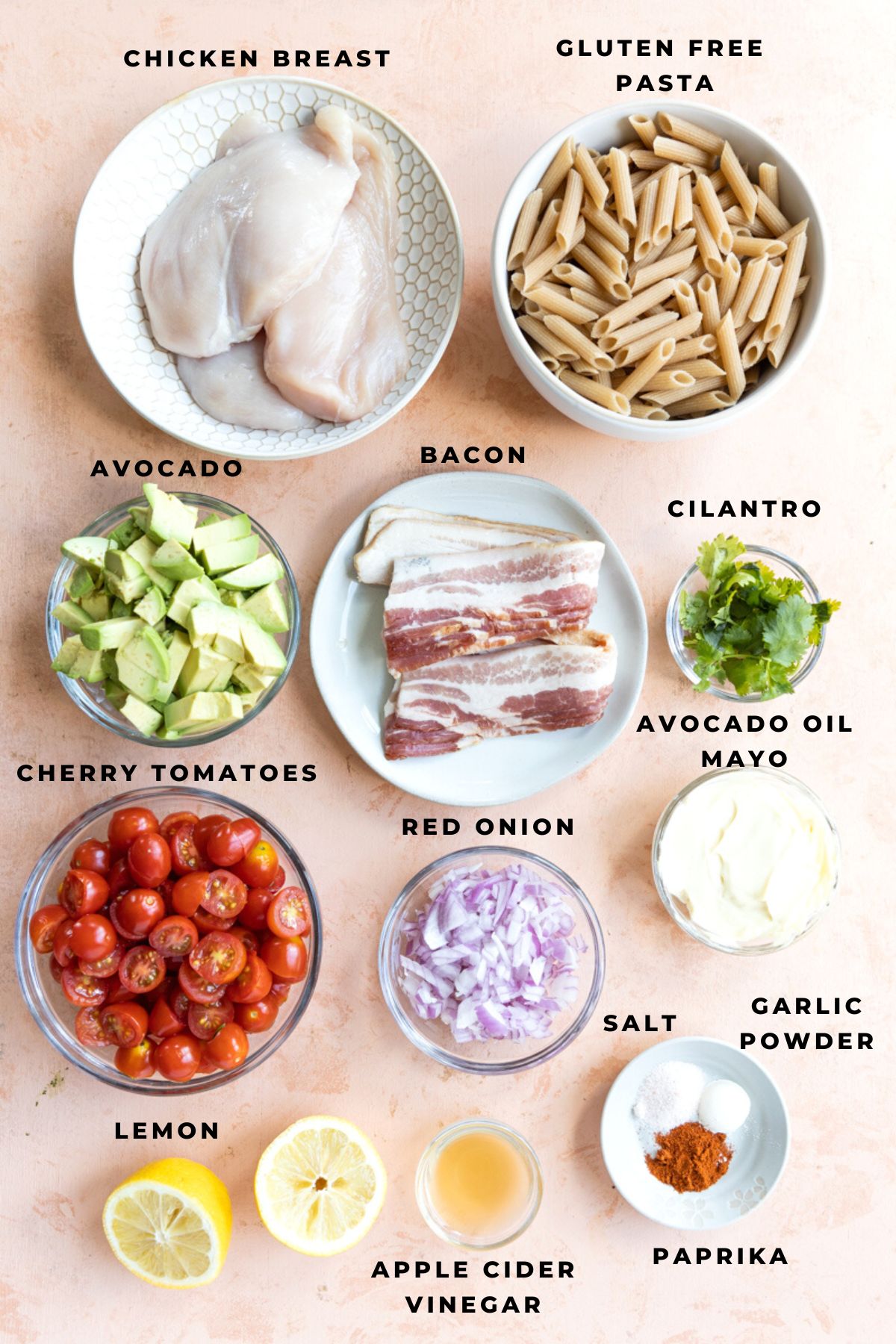 Overhead picture of chicken bacon pasta salad ingredients.