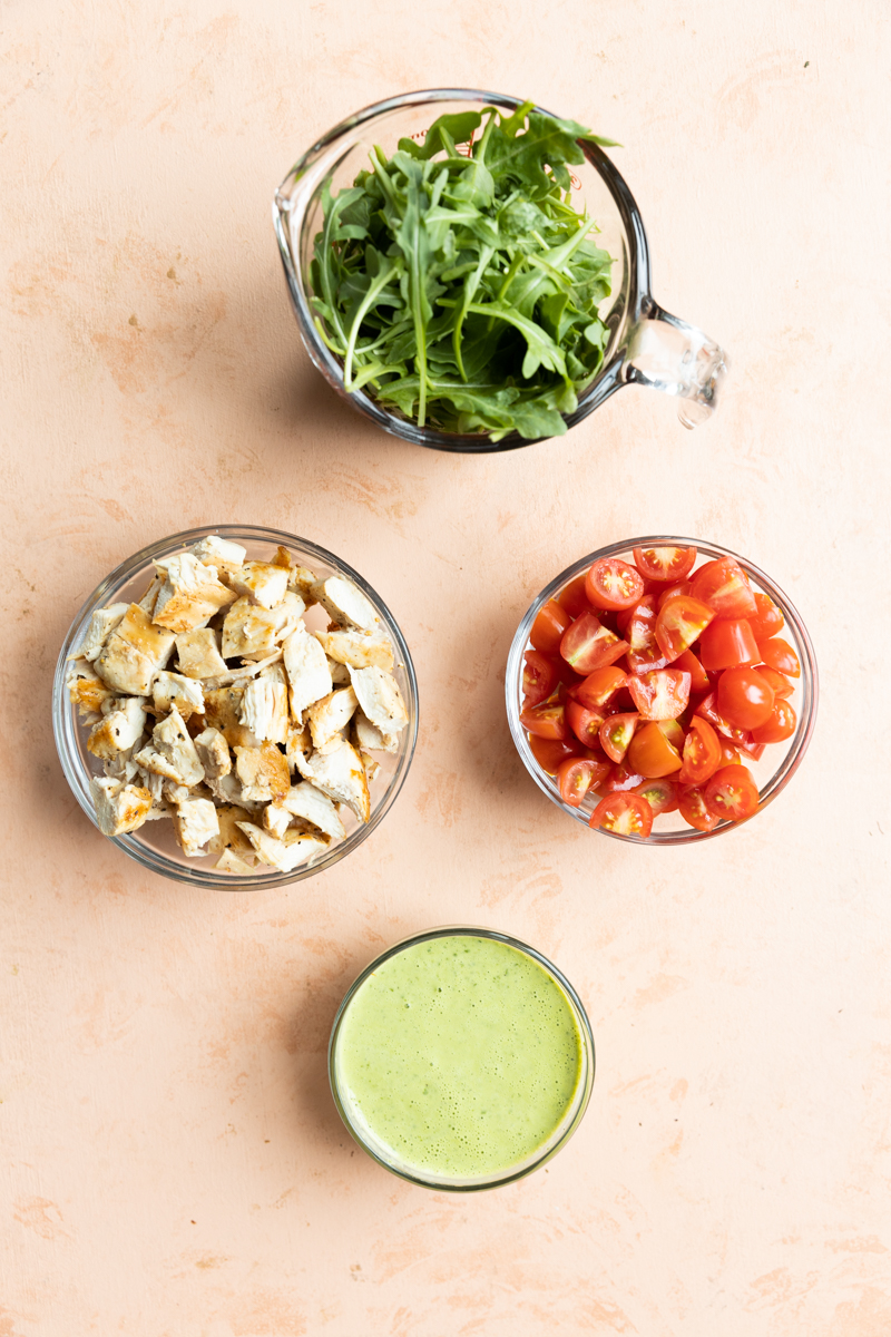 Pasta salad ingredients prepared and ready to assemble.