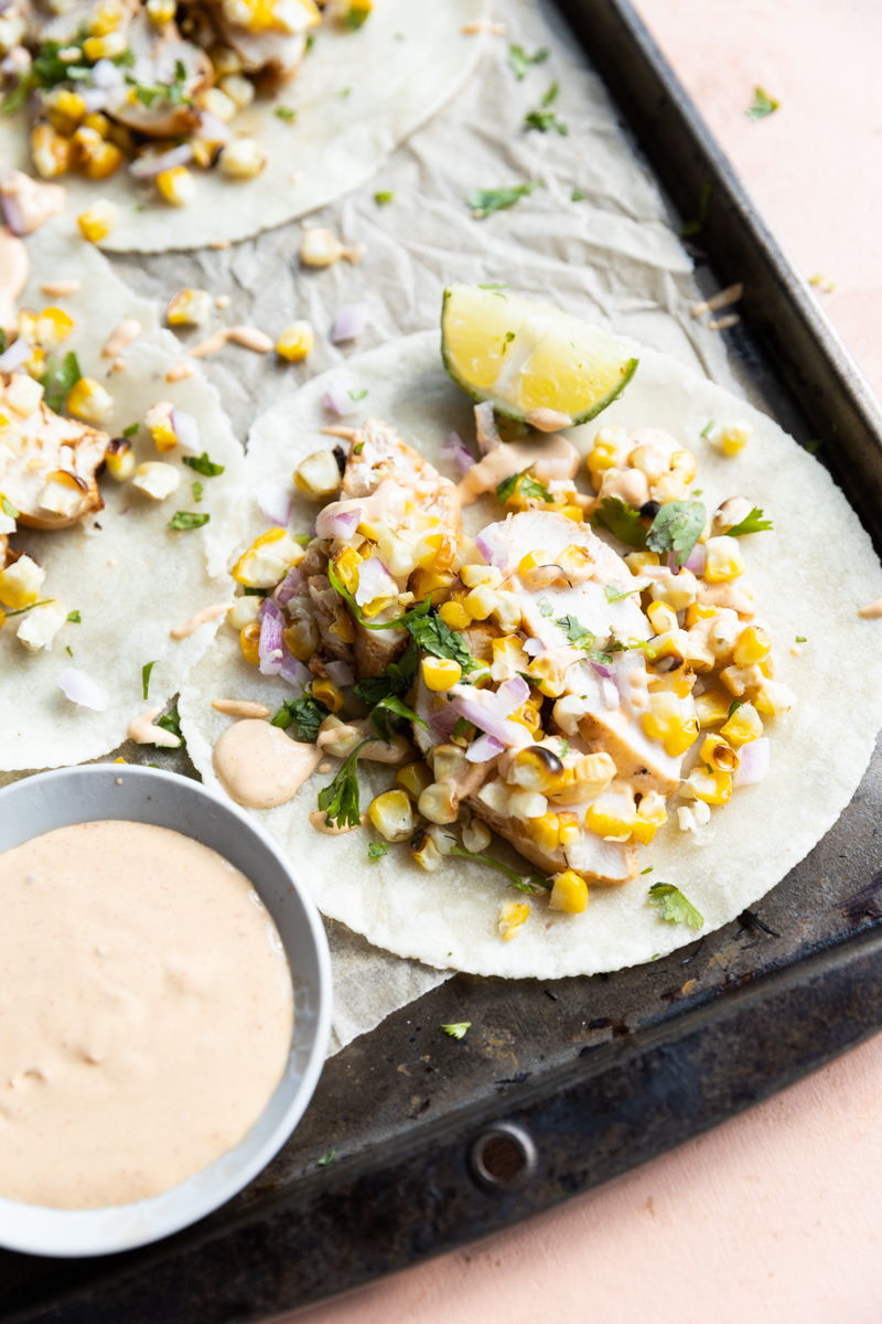 Finished taco on a baking sheet with parchment paper.