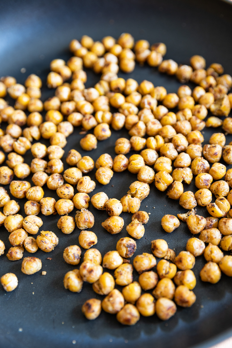 Crispy chickpeas in a skillet.